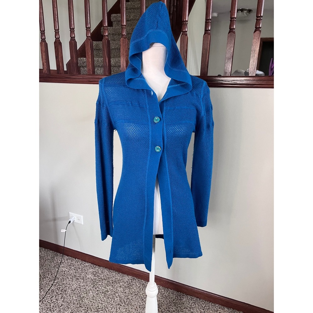 Title Nine Womens Blue Hooded Button Front Knit Cardigan Sweater Size M